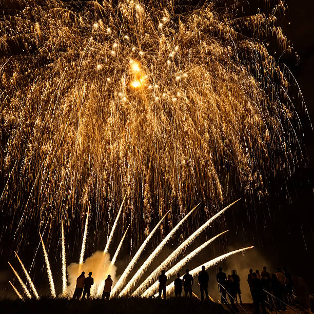 istock Big fireworks with silhouetted people in the foreground watching 179024821