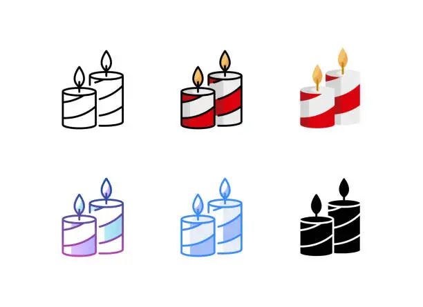Vector illustration of Christmas candle icon. 6 Different styles. Editable stroke.