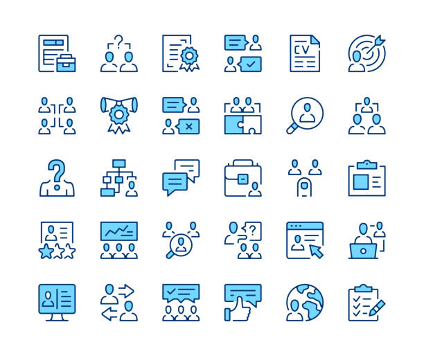 Human resources icons set. Vector line icons. Blue color outline stroke symbols. Modern concepts - ilustração de arte vetorial