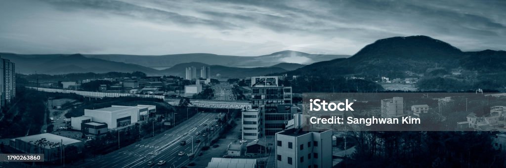 Retro-style industrial cityscape in black and white colors, an aerial landscape at foggy winter morning in Wonju-si, Gangwon-do, South Korea Architecture Stock Photo