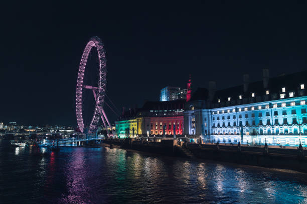 London Trafalgar Square, UK-10 November 2023: London Eye by the River Thames with London cityscape at dusk