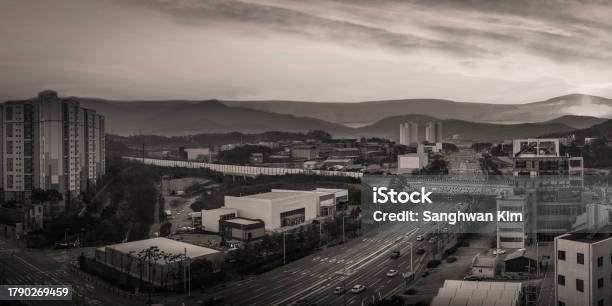 Retrostyle Industrial Cityscape In Black And White Colors An Aerial Landscape At Foggy Winter Morning In Wonjusi Gangwondo South Korea Stock Photo - Download Image Now