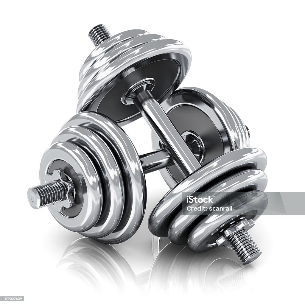 Dumbbells "Creative sport, fitness and healthy lifestyle concept: shiny metal dumbbells isolated on white background with reflection effect" Anaerobic Exercise Stock Photo