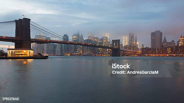 Brooklyn Bridge And Lower Manhattan At Dusk New York Stock Photo - Download Image Now