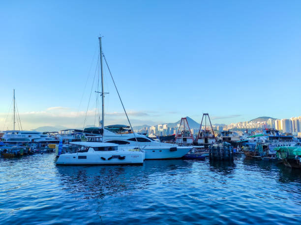 Hong Kong, November 05,2023 : Ships dock at the Shau Kei Wan typhoon shelter harbor area, Hong Kong.