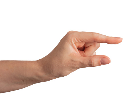 Index finger and thumb gesture showing something small, little bit amount, isolated on hwite