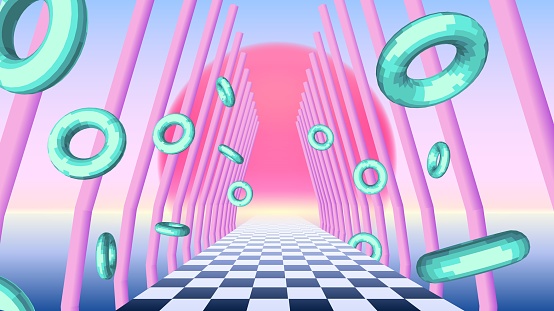 Vaporwave corridor of pillars with flying 3D donut shapes and sun in 90s style. Abstract surreal retro background for party poster or music cover