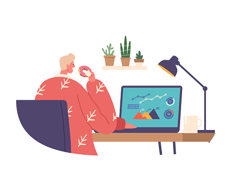 Man Indulges In A Sugary Delight, Munching On A Donut At His Desk In The Office. Busy and Hungry Male Character Finding A Moment Of Bliss Amid Work Chaos. Cartoon People Vector Illustration