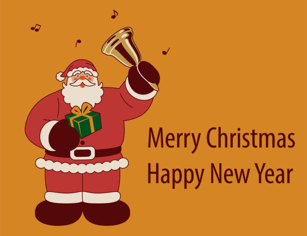 illustrazioni stock, clip art, cartoni animati e icone di tendenza di babbo natale che porta i regali di natale suona una campana tintinnante e ti augura un buon natale e un felice anno nuovo - bell jingle christmas music