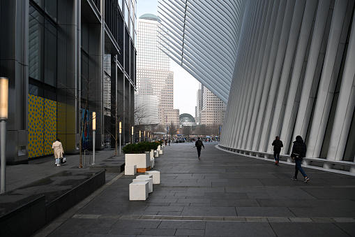 New York, New York, USA, April 6, 2023 - Brookfield Place (until 2014 World Financial Center - WFC) in Manhattan, New York City in the immediate vicinity of the World Trade Center transportation hub WTC PATH Oculus station.