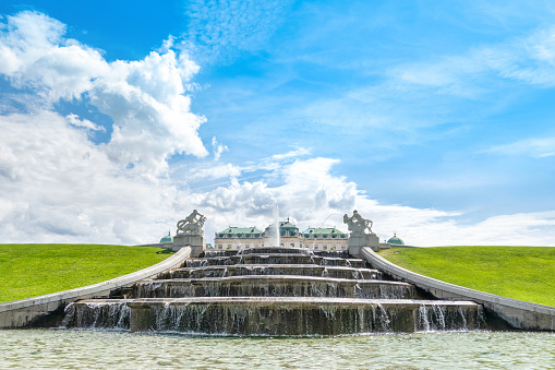 Vienna, Austria - August 8, 2023: Landscape of the Belvedere Gardens  with beautiful park and fountain