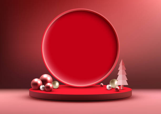 istock Christmas 3D Red Podium Decoration with Circle Backdrop and Pine Tree for Product Display 1790310091