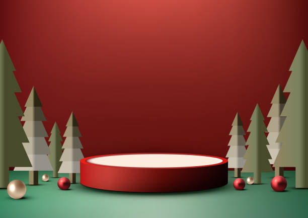 istock Christmas 3D Red and White Podium Decoration with Pine Tree for Product Display 1790310100