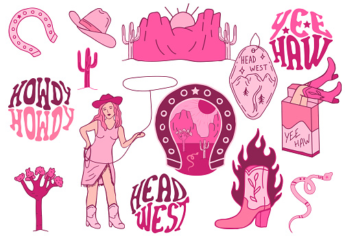 Barbiecore Cowboy set. Pink wild west set. Retro lettering phrases