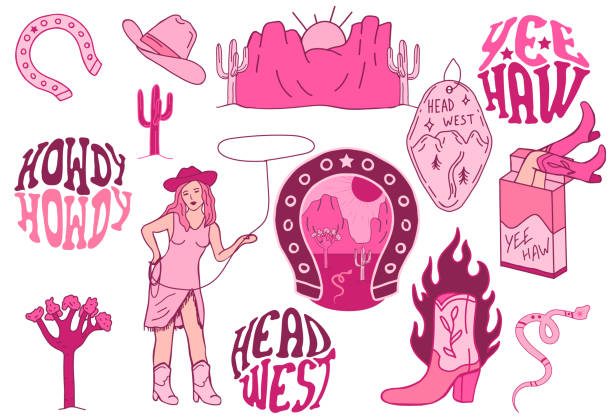 Barbiecore Cowboy set. Pink wild west set. Retro lettering phrases Barbiecore Cowboy set. Pink wild west set. Retro lettering phrases checkered cowboy boots stock illustrations