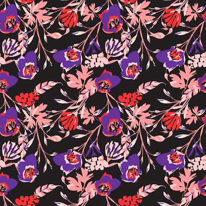 Seamless pattern with abstract flowers. Bright colors, painting on dark background.