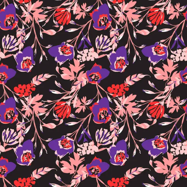 Vector illustration of Seamless pattern with abstract flowers. Bright colors, painting on dark background.