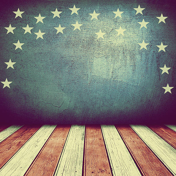 Wooden floor and concrete wall painted in the USA colors USA colors empty interior room with free space for text or product displays. patriotic quilt stock pictures, royalty-free photos & images