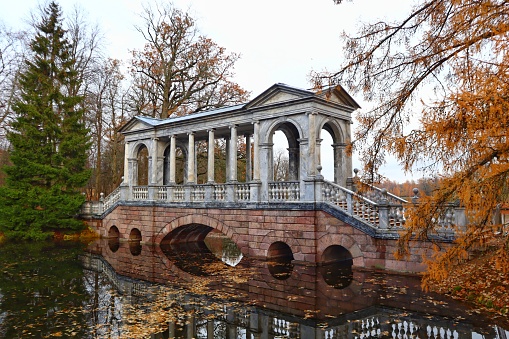 Marble bridge in Catherine Park in autumn, Tsarskoye Selo, Russia