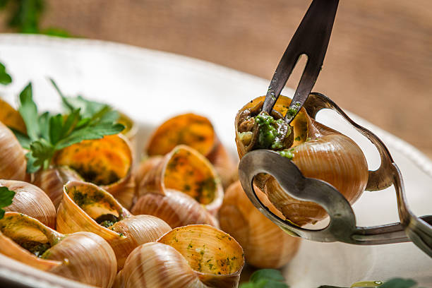 クローズアップのお食事の巻き貝、バターガーリック炒め - gourmet snail food escargot ストックフォトと画像