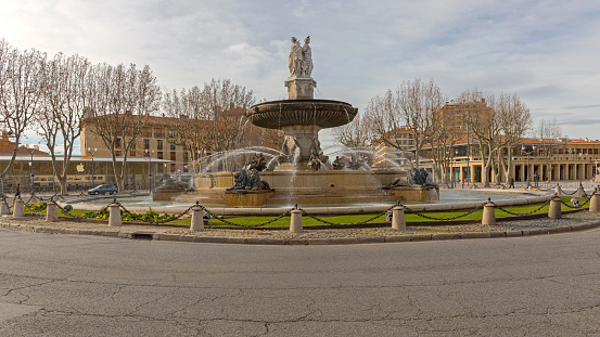 Aix, France - January 30, 2016: Fontaine de la Rotonde Historic Landmark in Aix en Provence City Centre Winter Day.