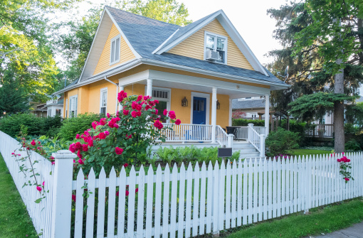 Pink Rose Bush in Front of a Beautiful Yellow House with a White Picket Fence.