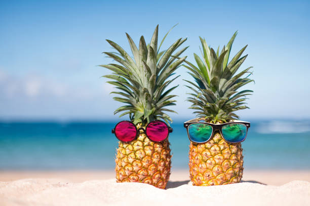 istock Two pineapples with trendy sunglasses in tropical paradise 1790354797