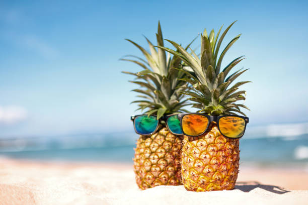 istock Two pineapples with trendy sunglasses in tropical paradise 1790358059