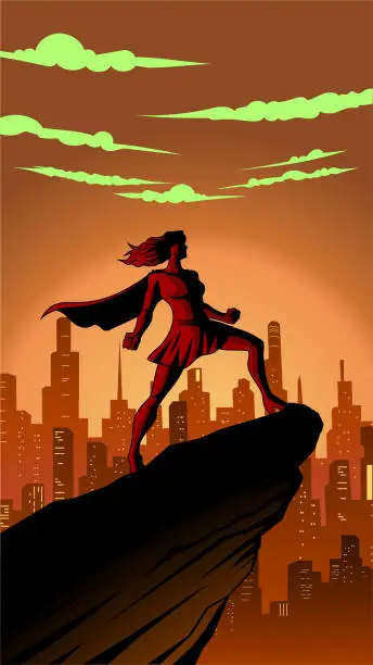 Vector illustration of Vector Superhero Strong Pose Silhouette in a City Stock Illustration