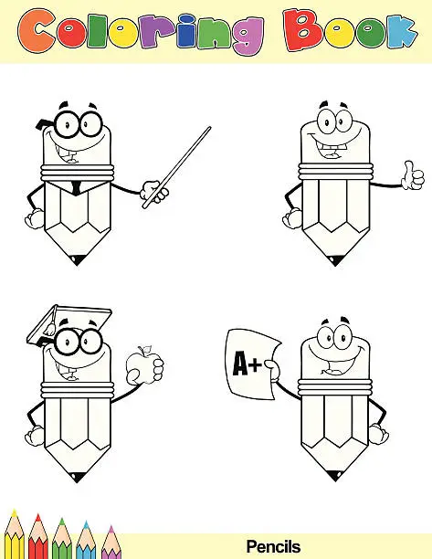 Vector illustration of Coloring Book Pencil Cartoon Characters 2