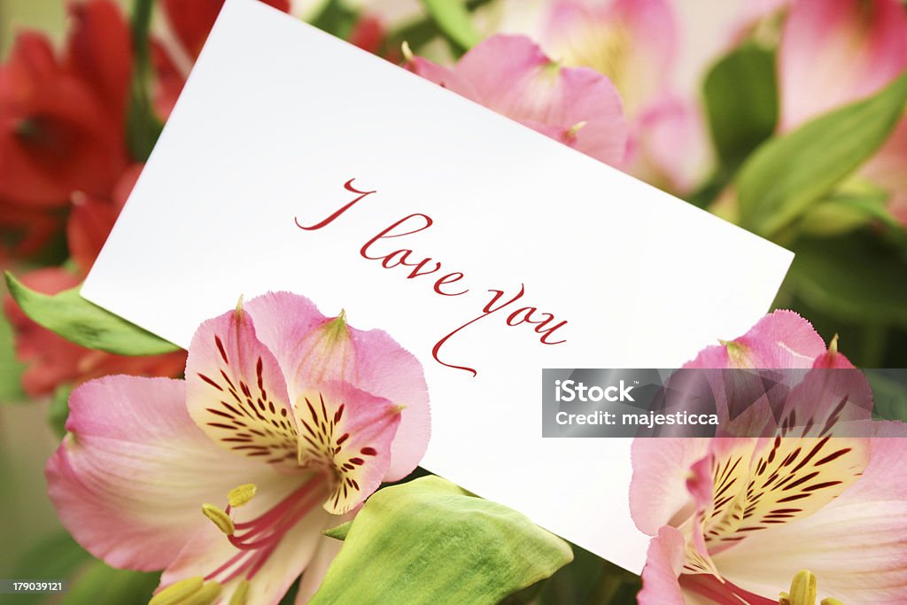Tarjeta en flores con amor palabras - Foto de stock de Amor - Sentimiento libre de derechos