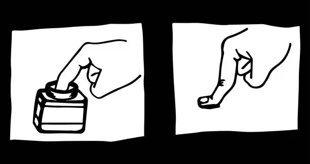 Vector illustration of An ink cartoon of a hand that dips a finger in a jar and presses finger against surface