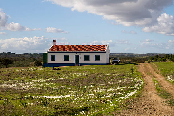 Landscape view of a traditional house with dirt road on the countryside of Alentejo.