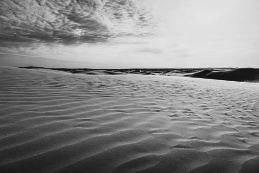 Close up on the curves of sand hills in Ba Dan Ji Lin desert of Inner Mongolia, China. Copy space for text, black and white