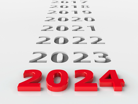 Red number 2024 on gray background with numbers represents the new year 2024, three-dimensional rendering, 3D illustration
