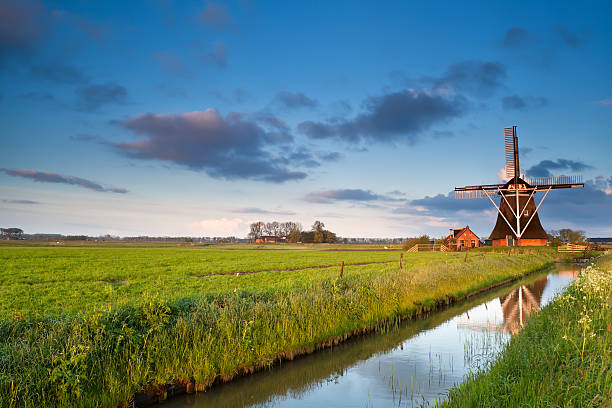 holenderski wiatrak na wschód słońca - netherlands windmill farm farmhouse zdjęcia i obrazy z banku zdjęć