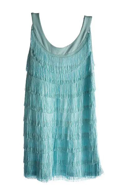 Turquoise sleeveless fringed flapper dress isolated on white background. Clipping path included.