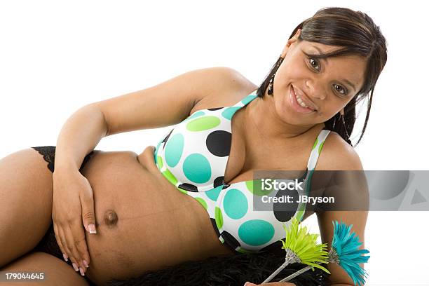 Pregnant Woman In Polka Dot Bra Stock Photo - Download Image Now - Pregnant, 20-29 Years, Abdomen