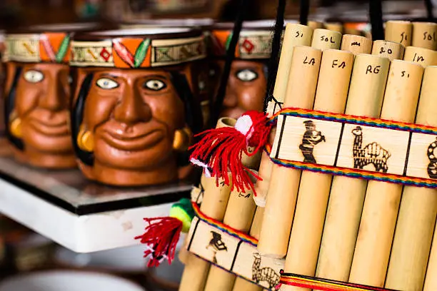 Authentic south american panflutes  in local market in Peru.