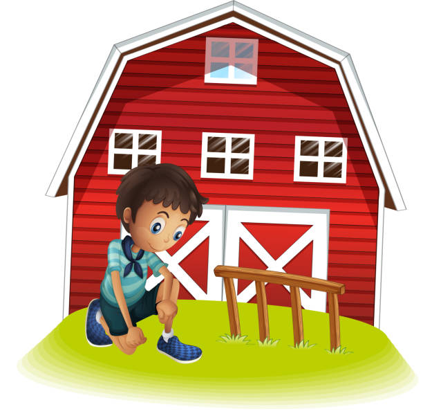 ilustraciones, imágenes clip art, dibujos animados e iconos de stock de triste niño frente del barnhouse - siding white backgrounds pattern