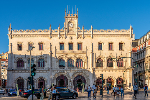 Lisbon, Portugal - Sep 30, 2023: View of the famous landmark - Rossio Railway Station entrance, located in Lisbon, Portugal.