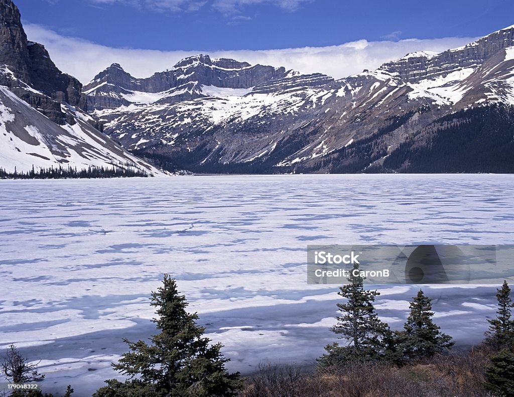 Bow Lake, Albera, Canada. Bow Lake fozen over (Glacial), Alberta, Banff National Park, Canadian Rockies, Canada Alberta Stock Photo