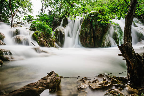 waterfall in forest with slow shutter motion stock photo