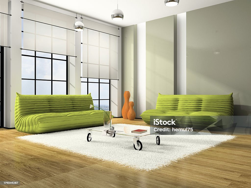 Modern interior with green sofas and white carpet "Modern interior with green sofas and white carpet. Photo on magazin was made by me, I uploaded model's release" Apartment Stock Photo