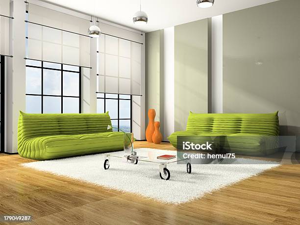 Modern Interior With Green Sofas And White Carpet Stock Photo - Download Image Now - Apartment, Bottle, Carpet - Decor