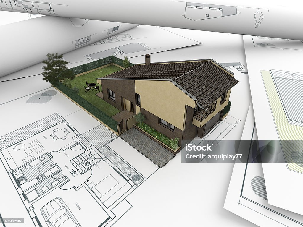 3d architectural drawings concept 3d house emerging from architectural drawings Architecture Stock Photo