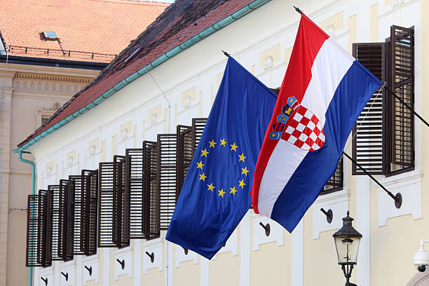 istock EU and Croatian flags together on Government building 179050016
