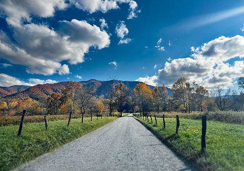 Picturesque blue sky and empty road leads the eye to a backdrop of Autumn colored trees and a view of the Great Smoky Mountains in the distance.