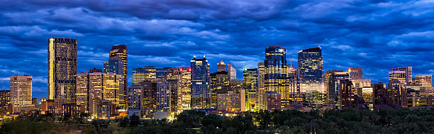 Night shot of modern North American downtown skyline stock photo