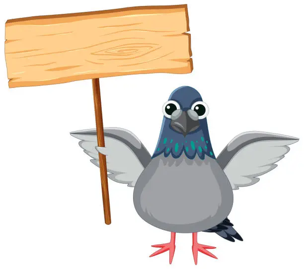 Vector illustration of Cute Pigeon Cartoon Character Holding Wooden Banner